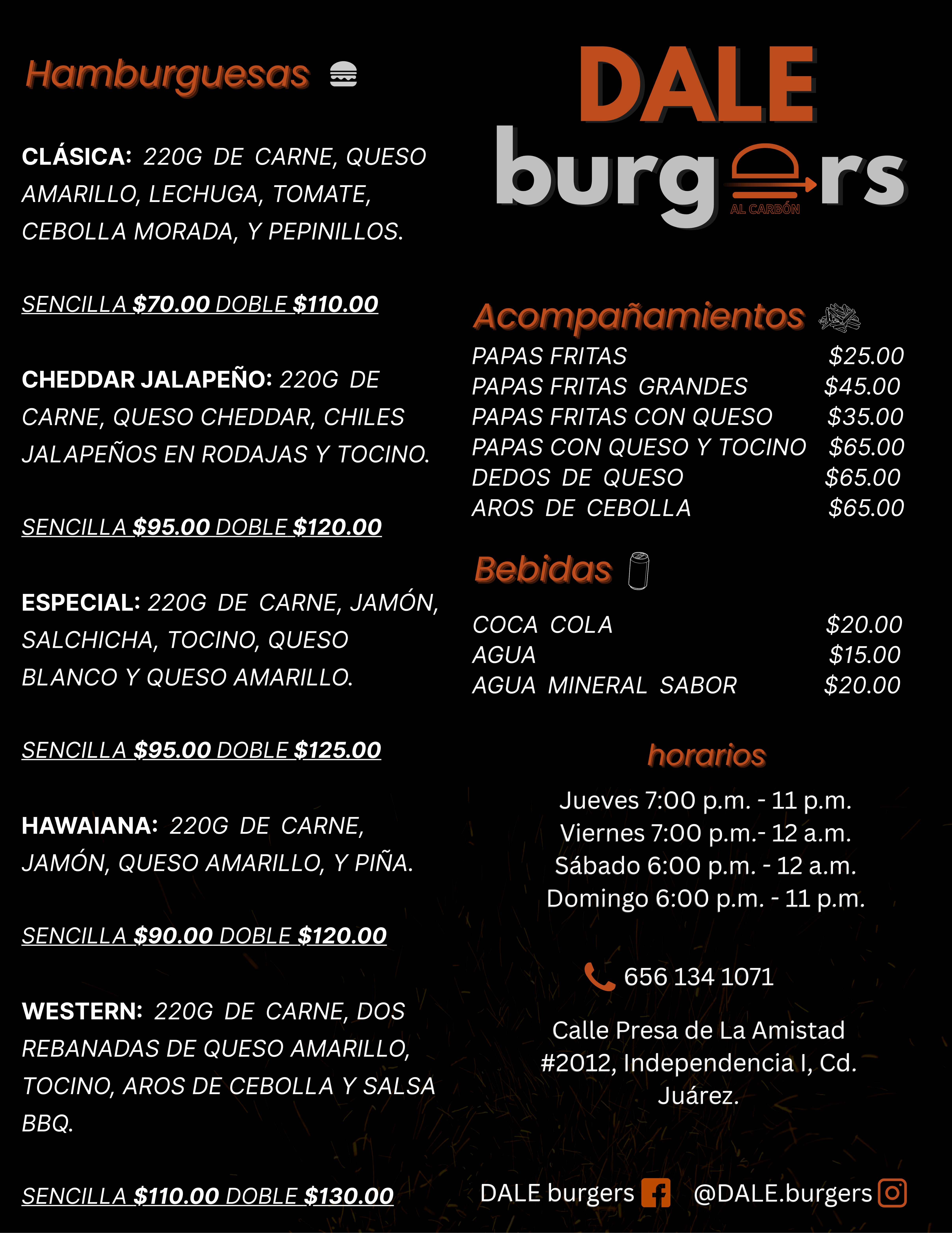 Menú DALE Burgers